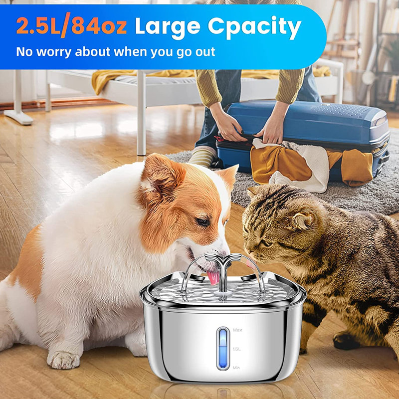 Automatic Pet Water Fountain for Cat Dog with Water Level Window and Led Light, Water Dispenser with 3 Replacement Filters for Multiple Pets