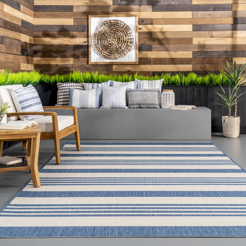 Soraya Power Loom Striped Blue Indoor/Outdoor Patio Rug W006631800