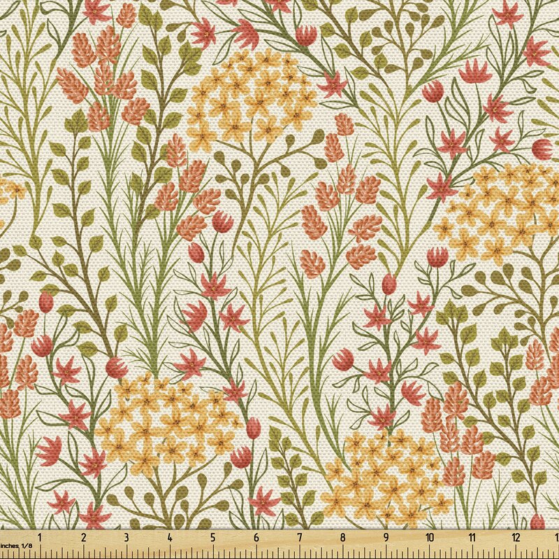 fab_26534_Ambesonne Flower Fabric By The Yard, Leaves Flowers Old Vintage Ivy Design With Plants Nature Theme Retro Art Print, Decorative Fabric For Upholstery And Home Accents, Multicolor