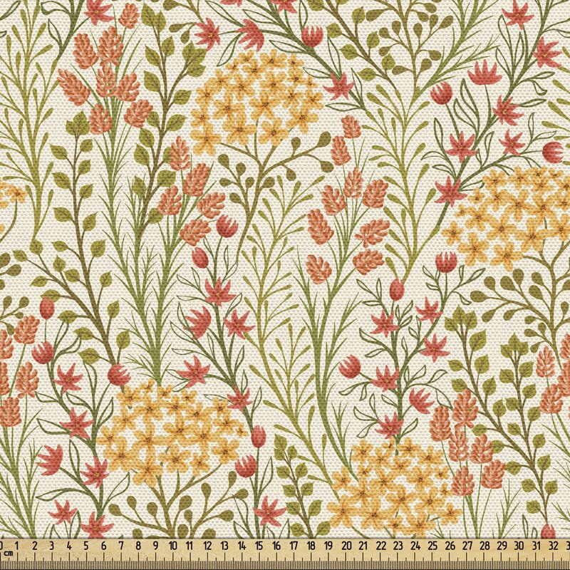 fab_26534_Ambesonne Flower Fabric By The Yard, Leaves Flowers Old Vintage Ivy Design With Plants Nature Theme Retro Art Print, Decorative Fabric For Upholstery And Home Accents, Multicolor